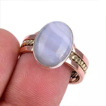 Natural Blue Lace Agate Gemstone Two Tone 925 Sterling Silver Ring Size 8.5 P4Q75