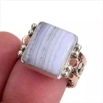Natural Blue Lace Agate Gemstone Two Tone 925 Sterling Silver Ring Size 7.5 A0t85