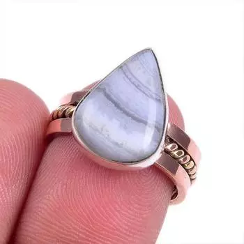 Natural Blue Lace Agate Gemstone Two Tone 925 Sterling Silver Ring Size 6 d7S93