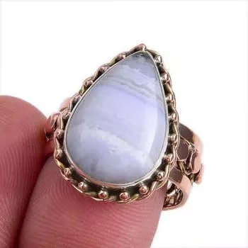 Natural Blue Lace Agate Gemstone Two Tone 925 Sterling Silver Ring Size 8 m2q51