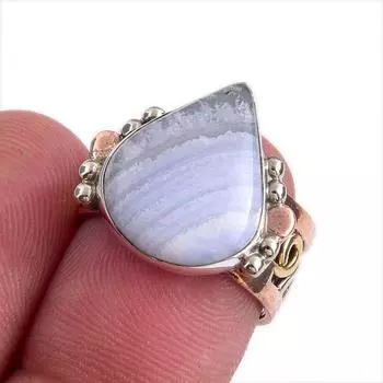Natural Blue Lace Agate Gemstone Two Tone 925 Sterling Silver Ring Size 5.5 c8g24