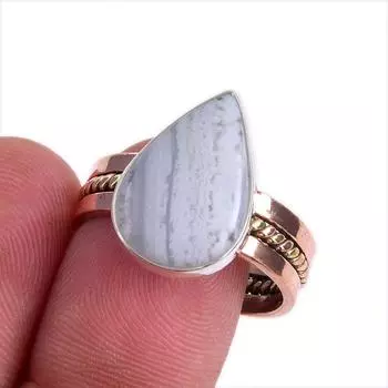 Natural Blue Lace Agate Gemstone Two Tone 925 Sterling Silver Ring Size 9.5 g8I39