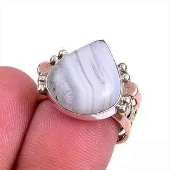Natural Blue Lace Agate Gemstone Two Tone 925 Sterling Silver Ring Size 7 i3p66