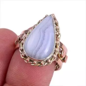 Natural Blue Lace Agate Gemstone Two Tone 925 Sterling Silver Ring Size 8 l3U22