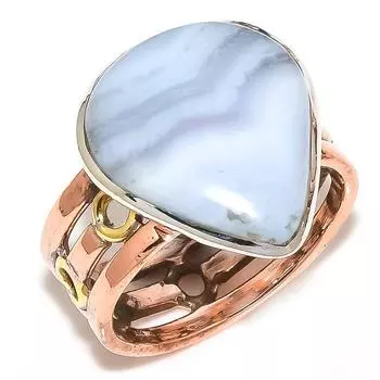 Natural Blue Lace Agate Two Tone 925 Sterling Silver Jewelry Ring Size 10.5 h4Y84
