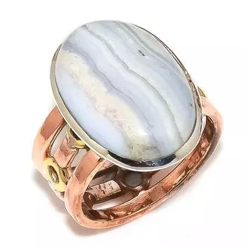 Natural Blue Lace Agate Two Tone 925 Solid Sterling Silver Gift Ring S.7.5 L3T33