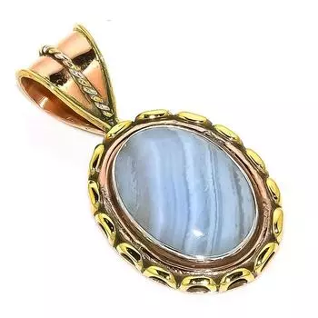 Natural Blue Lace Agate Two Tone 925 Solid Sterling Silver Pendant 1.50 f8i25