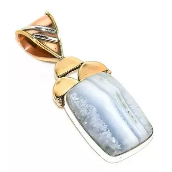 Natural Blue Lace Agate Two Tone 925 Solid Sterling Silver Pendant 1.50 C4m98