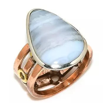 Natural Blue Lace Agate Two Tone 925 Solid Sterling Silver Gift Ring S.8.5 c6T13
