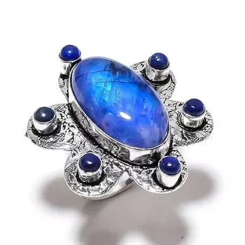 Кольцо из серебра 925 пробы с натуральным лунным камнем, лазуритом, размер 9 k7a25