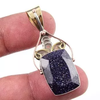 Natural Blue Sunstone 925 Solid Sterling Silver Gift TwoTone Pendant 1.75 B1m52