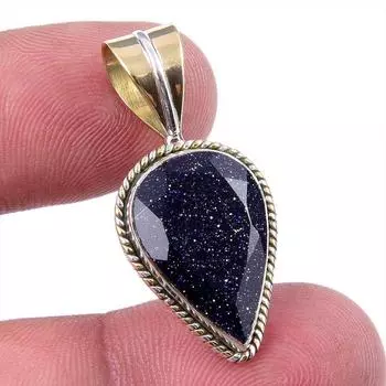 Natural Blue Sunstone 925 Solid Sterling Silver Gift TwoTone Pendant 1.25 C7c75