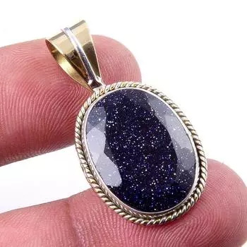 Natural Blue Sunstone 925 Solid Sterling Silver Gift TwoTone Pendant 1.25 N9d76