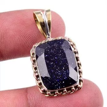 Natural Blue Sunstone 925 Solid Sterling Silver Gift TwoTone Pendant 1.25 V5w68
