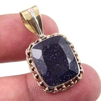 Natural Blue Sunstone 925 Solid Sterling Silver Gift TwoTone Pendant 1.25 k0c61