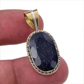 Natural Blue Sunstone 925 Solid Sterling Silver Gift TwoTone Pendant 1.50 c5L77