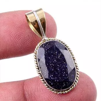 Natural Blue Sunstone 925 Solid Sterling Silver Gift TwoTone Pendant 1.25 F9e66