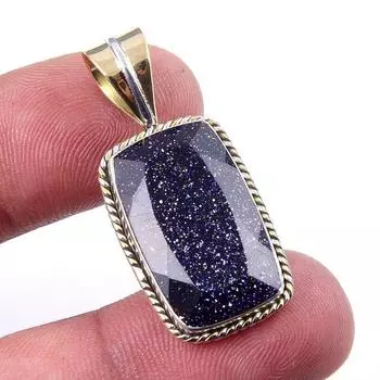 Natural Blue Sunstone 925 Solid Sterling Silver Gift TwoTone Pendant 1.50 g0A75