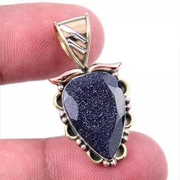Natural Blue Sunstone 925 Solid Sterling Silver Gift TwoTone Pendant 1.25 T3P71