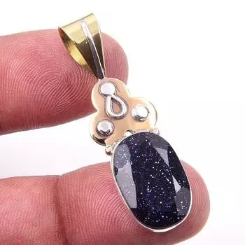 Natural Blue Sunstone 925 Solid Sterling Silver Gift TwoTone Pendant 1.75 c6n30