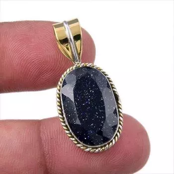 Natural Blue Sunstone 925 Solid Sterling Silver Gift TwoTone Pendant 1.50 q8a14