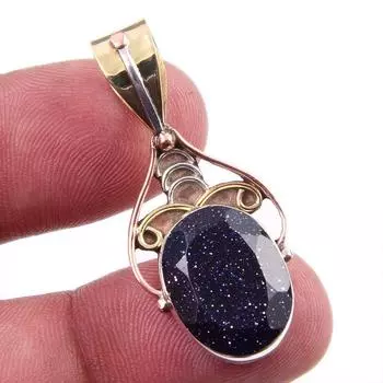 Natural Blue Sunstone 925 Solid Sterling Silver Gift TwoTone Pendant 1.50 t7d24