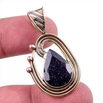 Natural Blue Sunstone 925 Solid Sterling Silver Gift TwoTone Pendant 1.50 c3q88