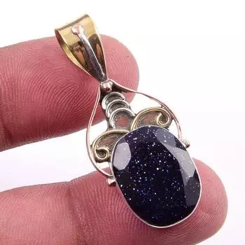 Natural Blue Sunstone 925 Solid Sterling Silver Gift TwoTone Pendant 1.50 A1Q36