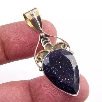 Natural Blue Sunstone 925 Solid Sterling Silver Gift TwoTone Pendant 1.75 b6n38