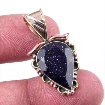 Natural Blue Sunstone 925 Solid Sterling Silver Gift TwoTone Pendant 1.25 Q2J36