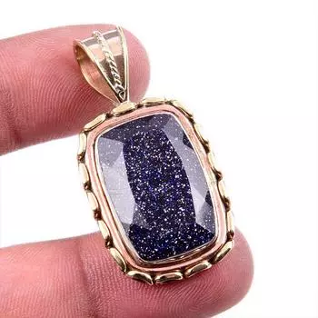 Natural Blue Sunstone 925 Solid Sterling Silver TwoTone Gift Pendant 1.5 a0C34