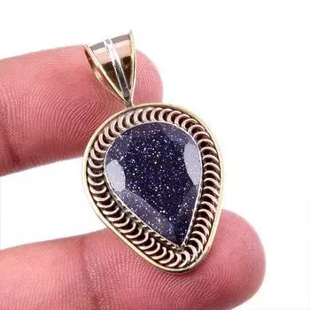 Natural Blue Sunstone 925 Solid Sterling Silver TwoTone Gift Pendant 1.5 k7g65