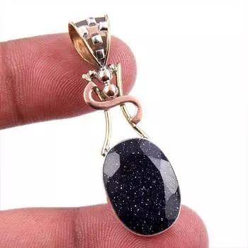 Natural Blue Sunstone 925 Solid Sterling Silver Gift TwoTone Pendant 1.75 f0w76
