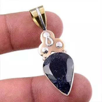 Natural Blue Sunstone 925 Solid Sterling Silver Gift TwoTone Pendant 1.75 f5n39