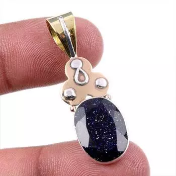 Natural Blue Sunstone 925 Solid Sterling Silver Gift TwoTone Pendant 1.75 k2P91