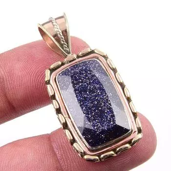 Natural Blue Sunstone 925 Solid Sterling Silver Gift TwoTone Pendant 1.75 b7C14