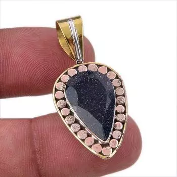 Natural Blue Sunstone 925 Solid Sterling Silver Gift TwoTone Pendant 1.50 h1C85