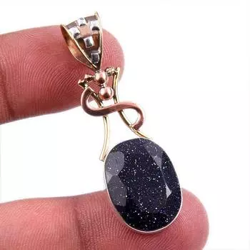 Natural Blue Sunstone 925 Solid Sterling Silver Gift TwoTone Pendant 1.75 e3g36