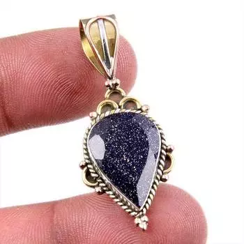 Natural Blue Sunstone 925 Solid Sterling Silver TwoTone Gift Pendant 1.5 b2m80
