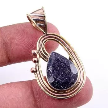 Natural Blue Sunstone 925 Solid Sterling Silver Gift TwoTone Pendant 1.75 p8D30