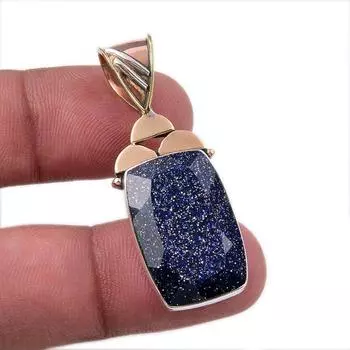 Natural Blue Sunstone 925 Solid Sterling Silver Gift TwoTone Pendant 1.75 C6y49