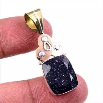 Natural Blue Sunstone 925 Solid Sterling Silver Gift TwoTone Pendant 1.75 q1Y45