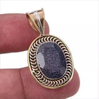 Natural Blue Sunstone 925 Solid Sterling Silver Gift TwoTone Pendant 1.50 w4h83