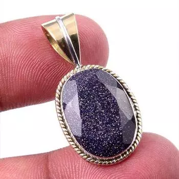 Natural Blue Sunstone 925 Solid Sterling Silver Gift TwoTone Pendant 1.25 T9A11