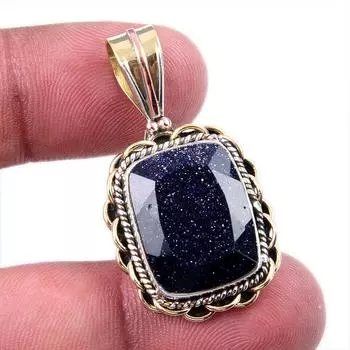 Natural Blue Sunstone 925 Solid Sterling Silver Gift TwoTone Pendant 1.50 a2a33