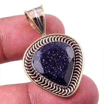 Natural Blue Sunstone 925 Solid Sterling Silver Gift TwoTone Pendant 1.25 h9W83