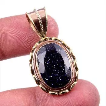 Natural Blue Sunstone 925 Solid Sterling Silver TwoTone Gift Pendant 1.5 A5M63