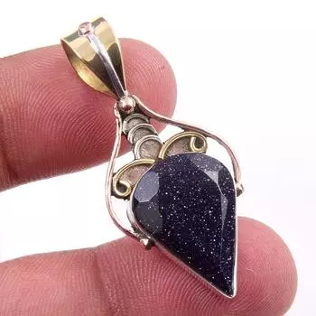 Natural Blue Sunstone 925 Solid Sterling Silver Gift TwoTone Pendant 1.50 q4N06
