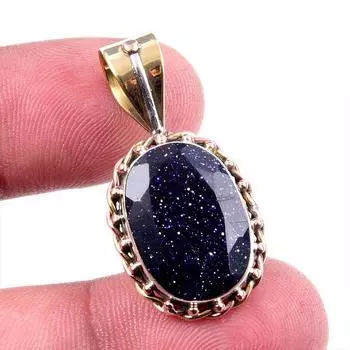 Natural Blue Sunstone 925 Solid Sterling Silver TwoTone Gift Pendant 1.5 N3M41