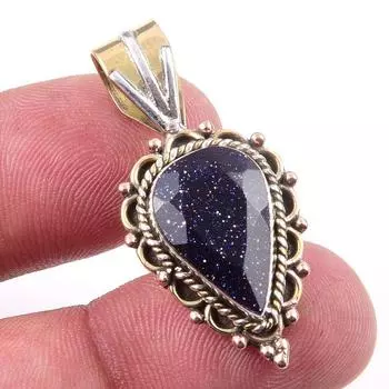 Natural Blue Sunstone 925 Solid Sterling Silver Gift TwoTone Pendant 1.25 F8a36